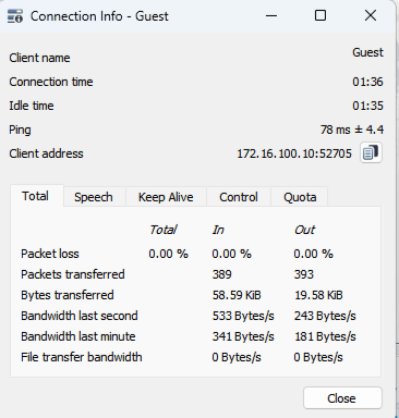 Окно Connection Info в TeamSpeak: Ping 78 ± 4,4 мс, потери пакетов 0% в обе стороны